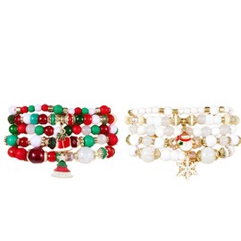 Gmai Christmas Bracelets for Women 2 Pack Set Red Green White Beaded Stretch Bracelet with Christmas tree Santa Claus Snowflake snowman Holiday Party Jewelry Gifts Stocking Stuffers (White color mixed color 2pcs set)