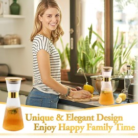 DUJUST Ribbed Glass Carafe with Golden Lid (44oz), Elegant Water Carafe with Gold Decoration, Crystal Glass Carafes, with Thickened Bottom, for Juice, Milk, Tea, Food-Grade Silicone, Leak-proof