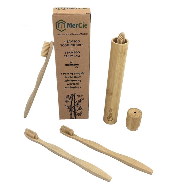 Set of 4 Ecological Bamboo Toothbrushes + Bamboo Storage /