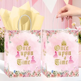 MOIZYNG 16 Pcs Once Upon a Time Princess Party Favor Bags, Pink Floral Gold Castle Goodie Snacks Candy Treat Gift Bag with Tissue Paper for Girls Birthday Wedding Fairytale Party Supplies Decorations