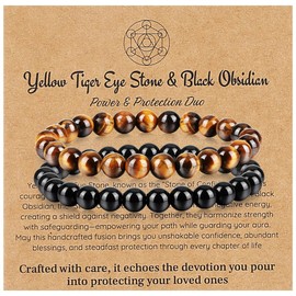 Emibele 2Pcs Crystal Bracelet, Obsidian Tigers Eye Bracelet for Positive Energy Ease Anxiety, Healing Crystal Jewelry 8mm Round Bead Protection Stones Jewelry Gifts for Women Men, Black + Yellow