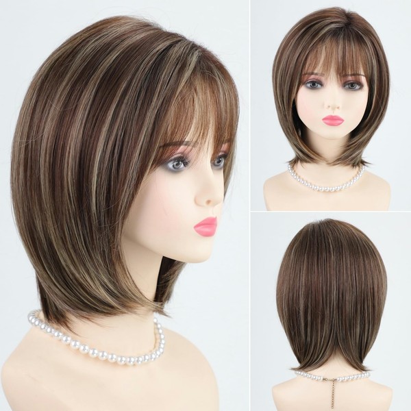 RENERSHOW Ombre Brown with Blonde Highlights Layered Bob Wig with