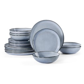 Herogo 18Pcs Plates and Bowls Set for 6, Irregular Handmade Stoneware Dinnerware, Crack and Scratch Resistant, Microwave & Dishwasher Safe, Reactive Glaze, Artistic Rustic Tableware, Smoky Blue