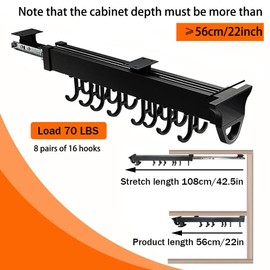 Pull Out Pot Rack, 22" Pull Out Pots and Pans Organizer with 16 Hook, Aluminum Alloy Hanging Pot Rack, Expandable Utility Rack, Sliding Under Cabinet Organization for Kitchen, Cabinet, Closet