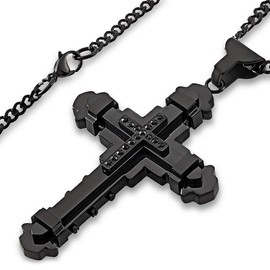 Savlano Stainless Steel Black Cubic Zirconia Cross Pendant 24 inch Cuban Chain Necklace for Men