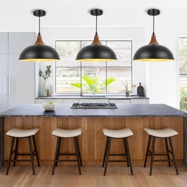 UShe DHome Farmhouse Pendant Light Fixtures, 11.4" Black Pendant Light Island Dome Hanging Light Solid Wood Pendant Lighting for Kitchen Dining Room Bedroom Barn