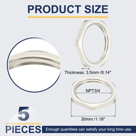 sourcing map NPT Cast Pipe Fitting Hex Locknut, Nickel Plated Copper NPT3/4 Female Thread Lock Nut for Plumbing Fixed Pack of 5