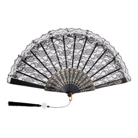 Jmkcoz Lace Handheld Folding Fan Embroidered Flower Bridal Hand Fan Chinese Japanese Vintage Fan for 1920s Costume Wedding Dancing Tea Party (1, Black)