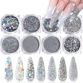 Accesorios holográficos de lentejuelas con purpurina en 3D coloridos, copos de purpurina para uñas acrílicas, diseños de uñas postizas, kit de puntas de manicura para uñas, uñas de pies, decoración artística (8 cajas)