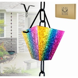 U-nitt Rain Chain Water Collection for Gutters Rainwater Catcher & Diverter, 8.5 FT Chains for Outside Garden, Rainbow Square Cups, Roof Downspout, Works with Heavy Rain, w/Gutter Clip for Rainchains