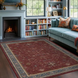 5x7 Boho Dark Red Rug for Living Room - Vintage Oriental Revival Low-Pile Carpet for Bedroom, Dining Table, Home Office, Machine Washable Area Rug Non-Slip with Rubber Back