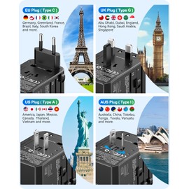 LENCENT Adaptador Universal de Viaje, GAN 70W Adaptador Internacional con 2 USB-A QC & 3 USB-C PD3.0, Cargador Internacional con Enchufe Tipo A/C/G/I para US/UE/UK/Australia/Argentina/Brasil, Negro