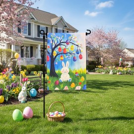 JRED Happy Easter Garden Flags 12x18 Inch, Double Sided Easter Rabbits Eggs Burlap Flags for Outside, Bunnies Flower Yard Flag Decorations for Home Farmhouse Holiday