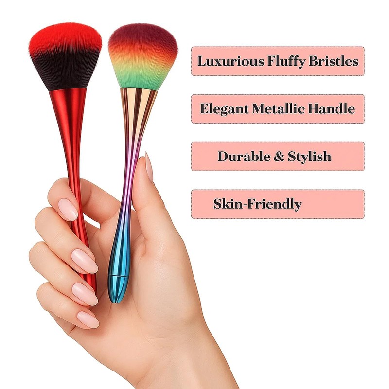 Powder Makeup Brush Set, Soft Domed Heads, Red And Rainbow