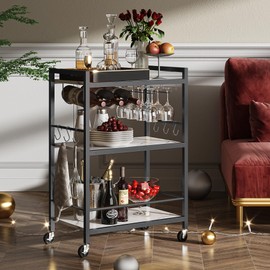 TUTOTAK Bar Cart - Serving Cart for Home - Microwave Cart, Drink Cart, Mobile Kitchen Shelf with Wine Rack and Glass Holder, Rolling Beverage Cart BC01BM030