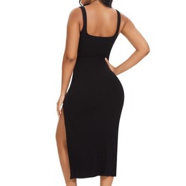 SHAPERIN Shapewear Slip Kleid Damen Bodycon Kleider mit Schlitz Bauchweg Formende Midi Kleid Schwarz L