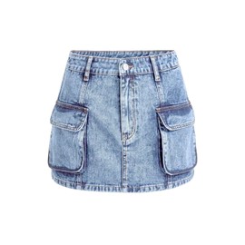Floerns Women's High Waisted Denim Mini Skirt Flap Pocket Bodycon Jean Cargo Skirts Light Wash Blue M