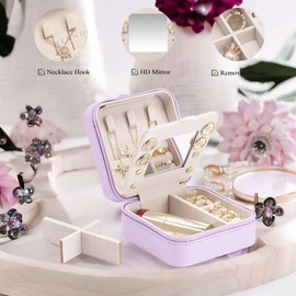 Vlando Small Travel Jewelry Box Organizer - Mirrored Carry-on Jewelries Necklaces Rings Earrings Necklace Storage Case, Purple