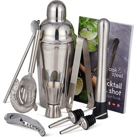 Oak & Steel - 10 Piece Premium Stainless Steel Cocktail Making Gift Set - Recipe Book, Shaker, Strainer, Muddler, Double Jigger & Pourers for Home and Bar Party, Bartender Tool Kit