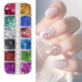 Circle Glitter Nail Art Sequins, 3D Hollow Circle Shape Glitters Flakes Designs, Holographic Laser Shiny Round Nail Supplies for Women Girls Manicure Charms Decorations DIY Resin Nail Art Tips