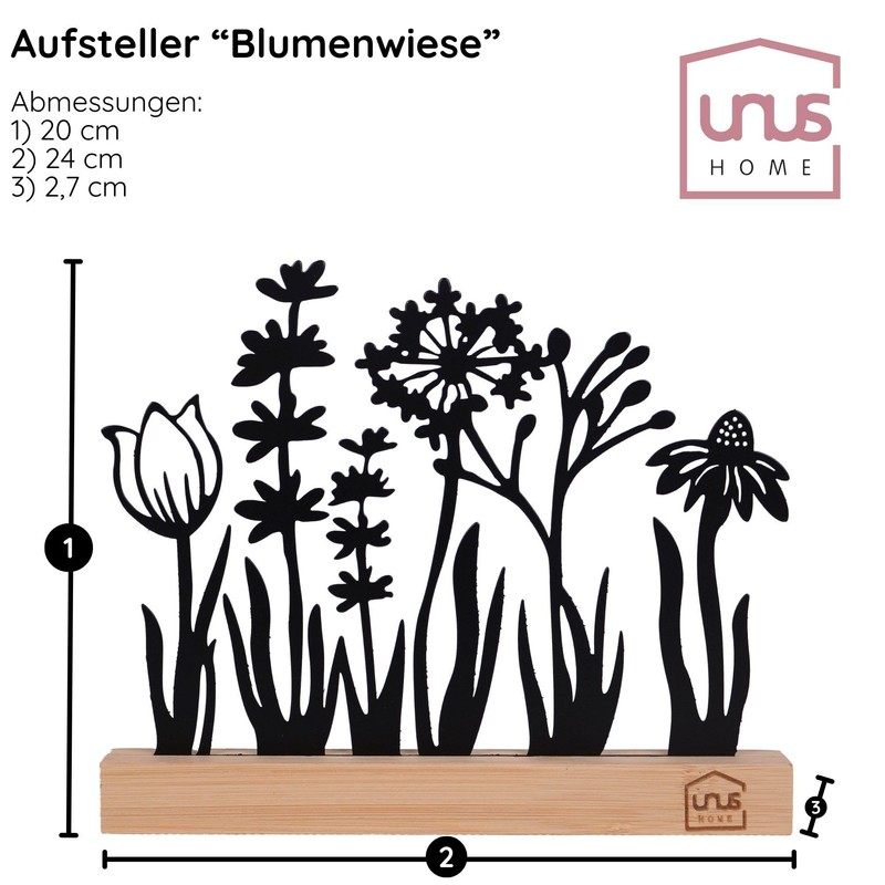 UNUS Silhouette Decorative Flower Meadow Metal with Bamboo Wooden Base,