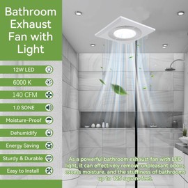 Ventilation Fan with LED Light:Ceiling mount140 CFM 4-inch duct Quiet square combo with 6000K LED. Perfect for home bath office hotel Powerful ventilation bright lighting Easy install 4-inch