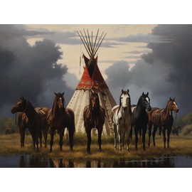 Generic Indian War Horses and Tent 5D Diamond Art Painting for Adults Full Drill Round Diamond Paint by Number Kits for Beginners Gems Cross Stitch for Wall Decor 11.8x15.8inch(4)