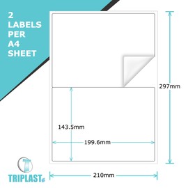 Triplast 10 x Multipurpose A4 Label Sheets - 2 Labels Per Sheet (200 x 144mm Each) - Easy Peel White Labels for Inkjet & Laser Printer - Address Labels, Shipping Labels, File Labels, DIY Stickers