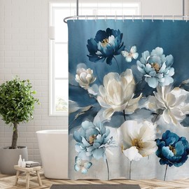 RTFEVG Blue Floral Shower Curtain Navy Gold Flower Boho Abstract White Cute Vintage Dark Grey Watercolor Spring Art Country Rustic Farmhouse Pretty Bathroom Decor Set 60x72 inch Polyester 12 Hooks