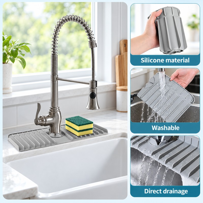 Silicone Faucet Mat for Sink Countertops – Grooved Splash Guard