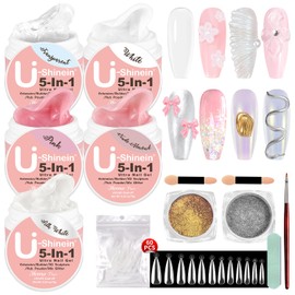 U-Shinein 5Pcs Solid Builder Nail Gel Set,5-in-1 Extension 3D Sculpting Nail Nails with Chrome Nail Powder,Extension false nail tips