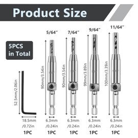 4 Pcs Hinge Drill Bit Set, Self Centering Drill Bit, Hinge Drill Bit Self Centring, Center Drill Bit for Woodworking, Cabinet, Door & Furniture Installation, HSS Material (5/64" 7/64" 9/64" 11/64")