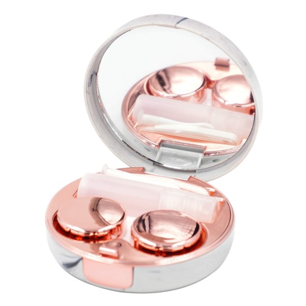 HONBAY Fashion Marble Contact Lens Case Portable Contact Lens Box Kit with Mirror (Round) (Rose Gold)