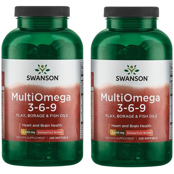 Swanson MultiOmega 3-6-9 - Non-GMO Flax Oil, Borage Oil, & Fish Oil Capsules - Essential Fatty Acids Supporting Cardiovascular Health & Brain Health - (220 Softgels, 2400mg Serving) 2 Bottles