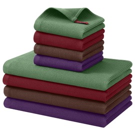 Homaxy 100% Cotton Kitchen Towels and Dishcloths Set - 8 Pack Waffle Weave Soft and Absorbent Dish Towels - 26 X 16 Inch and 12 X 12 Inch - Grass Green/Burgundy/Eggplant/Coffee