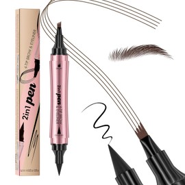 2 in 1 Microblading Eyebrow Pen with Eyeliner Pencil, Waterproof Dual Ended Eye Brow Pencils for Women with 4 ForkTip and Precise Brush Tip, 3D Eyebrow Makeup for Natural Brow (Dark Brown-B)