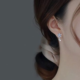 Blue Daisy Flower Small Stud Earrings 925 Sterling Silver Delicate Cubic Zirconia Crystal Dangle Drop Cartilage Earring Studs Post Hypoallergenic Jewelry Gifts for Women Girls Daughter