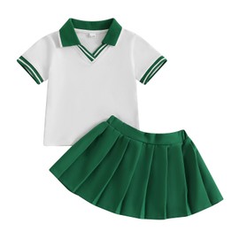 ZAXARRA Toddler Girl Sports Outfit Short Sleeve Lapel Tops Tennis Bow Pattern Mini A Line Skirt Casual Cute 2 Pcs Set (Green, 3-4T)