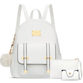 KKXIU 3pcs Fashion Small Synthetic Leather Backpack Purse Cute Mini Bookbag for Women and Girls, Cream White, Small, Backpack