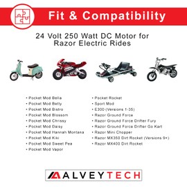 AlveyTech 24 Volt 250 Watt Electric DC Motor for Razor Pocket Mod, Pocket Rocket, Sport Mod, and Mini Chopper (All Versions) - With 11-Tooth #25 Chain Sprocket (W15120010030/W15130640030/W15125090030)