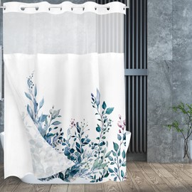 Tititex No Hooks Snap in Liner Blue Eucalyptus Leaves Shower Curtain Sets, Hotel Luxury Double Layers Waterproof Fabric & See-Through Top Window Bathroom Decorative 72x84 Inch