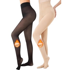 Ibeauti 2 Pairs Womens Fleece Lined Tights Sheer Warm Fake Translucent Thermal Pantyhose Stretchy Thick Fleece Tights Control Top (Black+Nude,Thick Fleece,Large-X-Large)