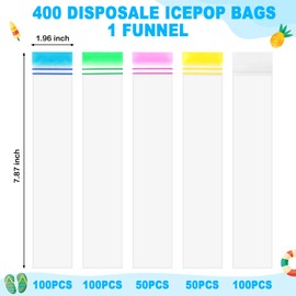 400 Disposable Popsicle Mold Bags, Double Zip Seals, BPA-Free, Thicken, 1 Silicone Funnel, Freezer Pop Bags for DIY Ice Pop, Yogurt Tubes, Fruit Popsicle, Freeze Molds (5 Colors)