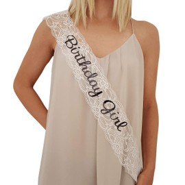 Birthday Girl Lace Sash - Great for Sweet 16, 18th, 21st, 30th, 40th Birthday Parties White