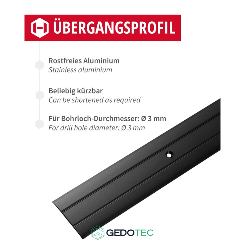Gedotec Transition Profile for Screwing Aluminium Black 200 cm Length