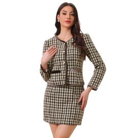 Allegra K Women's Business Suit Set Two Piece Outfits Checked Tweed Short Blazer Jacket and Skirt Set, brown