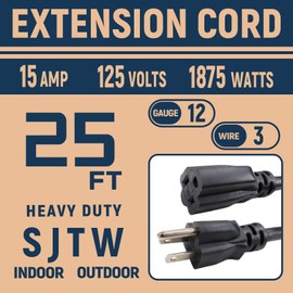 GreenProsper 25 Ft Outdoor Indoor 12 Gauge Extension Cord, 12/3 15 AMP SJTW Heavy Duty Black Extension Cable with 3 Prong Grounded Plug, Great for Garden and Major Appliances