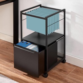 VECELO Mobile Filing Cabinet on Lockable Wheels,No More Bend Over,Under Desk Organizer with Hanging File Folder Organizer,Beside Under Desk for Office Home, Fits Letter Size, Black