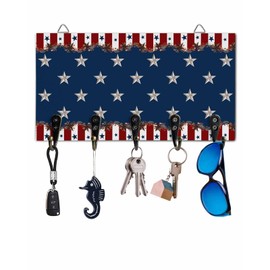 Independence Day Country Star Key Holder Wall Mounted Key Hooks for wall Decorative, Keys Organizer Rack for Entryway, Front Door Kitchen Hallway Office, 4th of July Key Hanger with 5 Hooks, 9.4"x5"