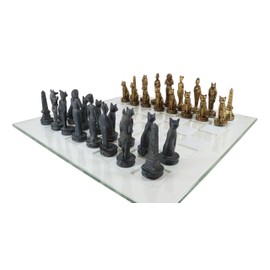 Ebros Kingdoms at War Legendary Historical Ancient Egyptian Empire Gods Goddesses Monuments Chess Set Resin Chess Pieces in Gold and Grey and Frosted Glass Checkered Board